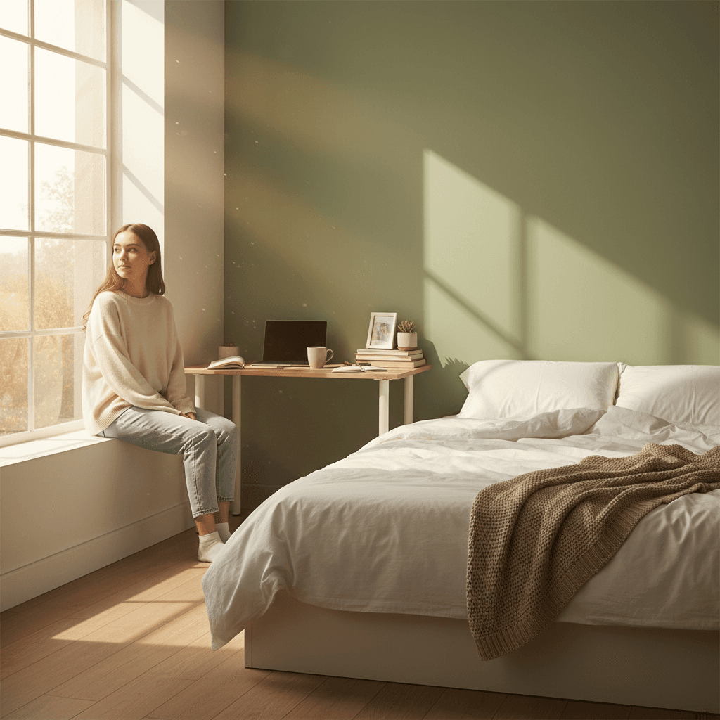 Teenager in a calm bedroom at morning
