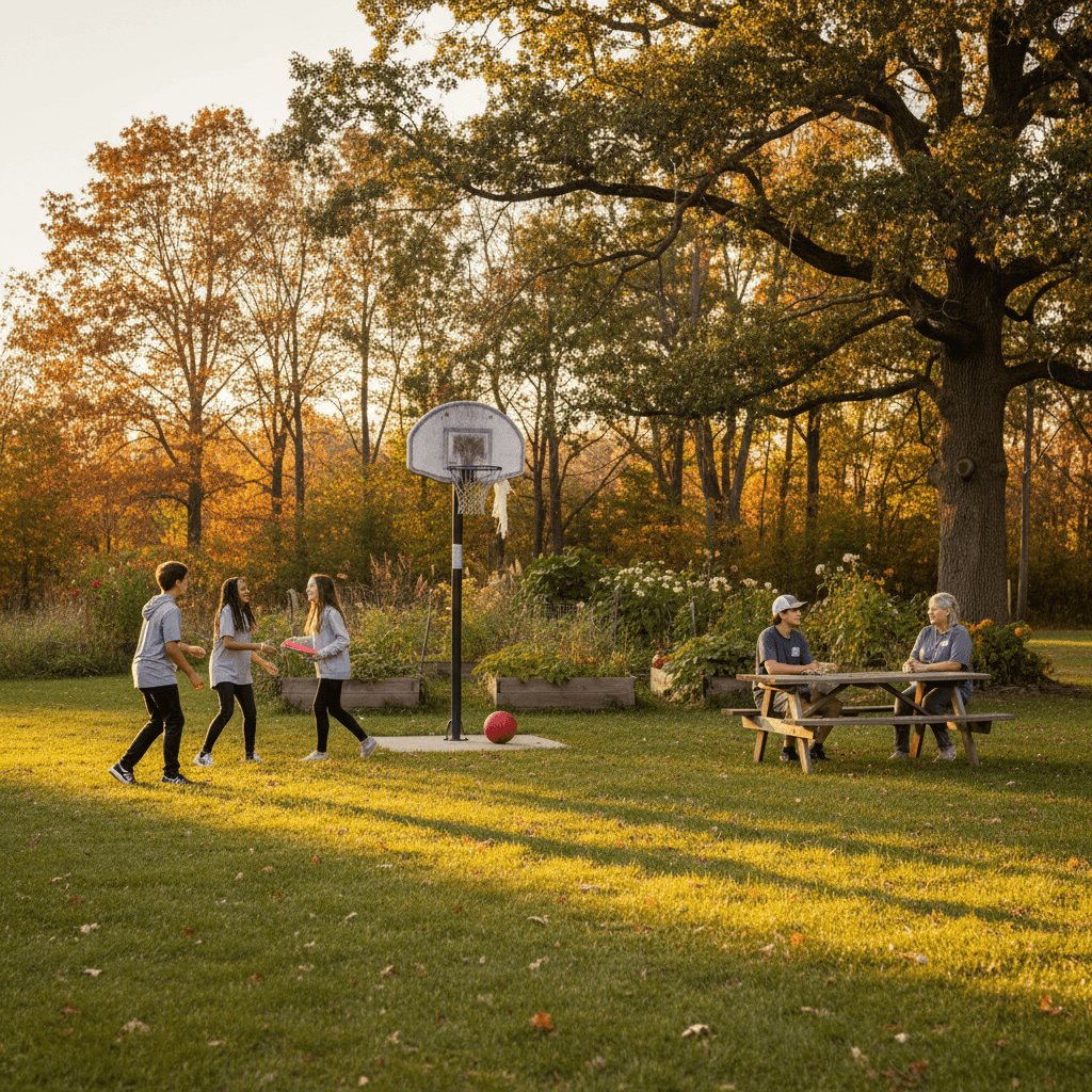Outdoor yard with teens playing basketball and a staff member nearby