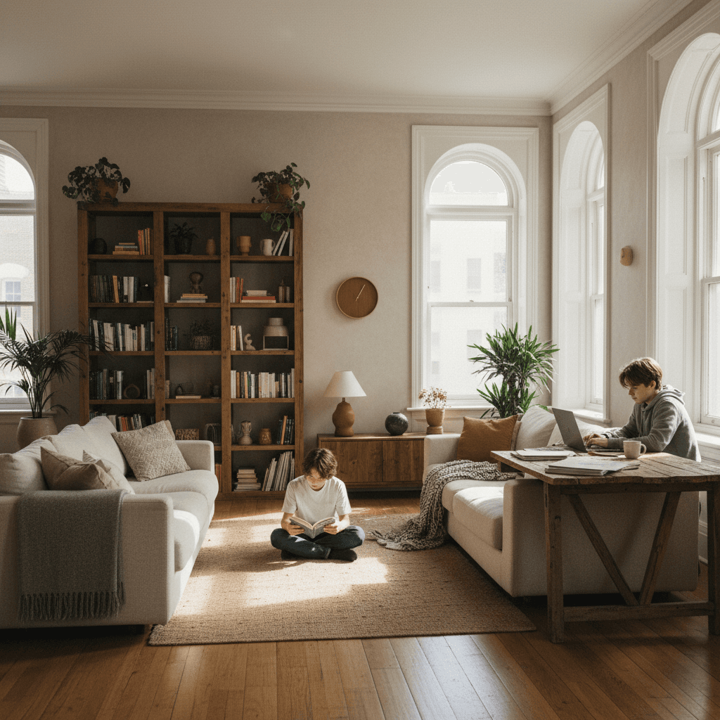 Living room with teens reading and studying in a home-like setting