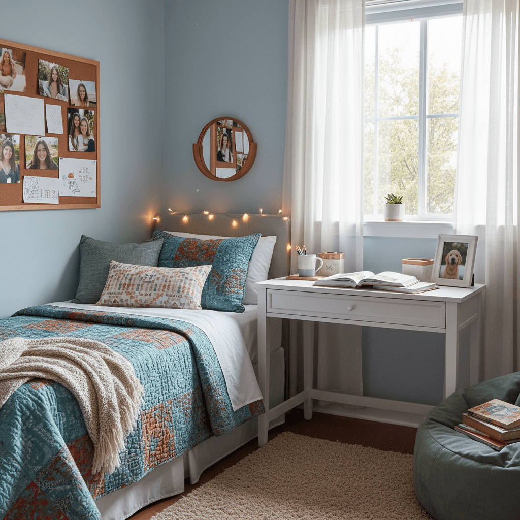 Cozy bedroom in residential care facility with personal touches and study materials