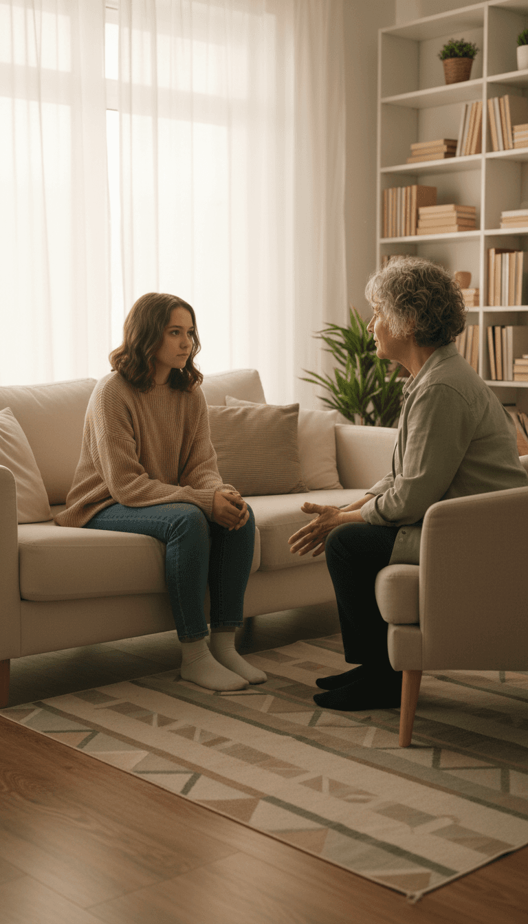 Teenager talking with a counselor in a cozy living room