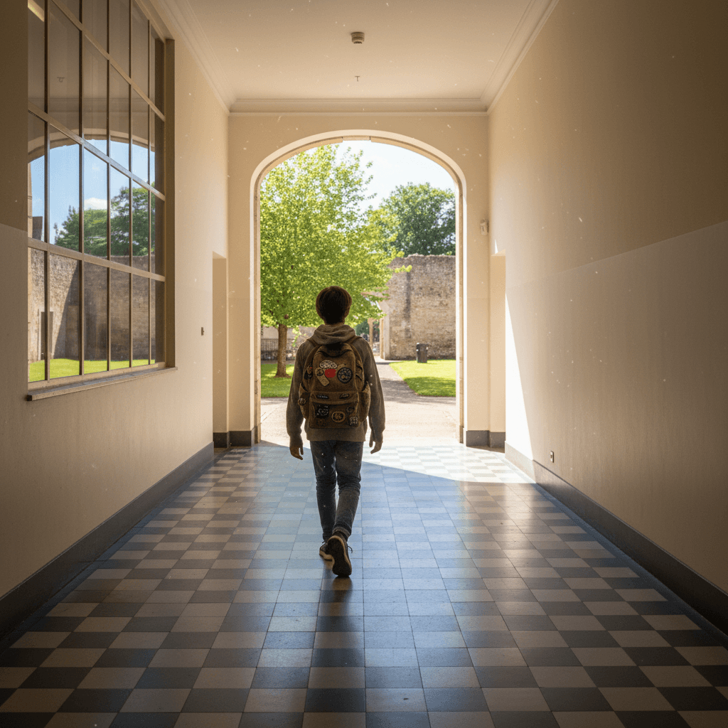 Teen walking toward an open doorway