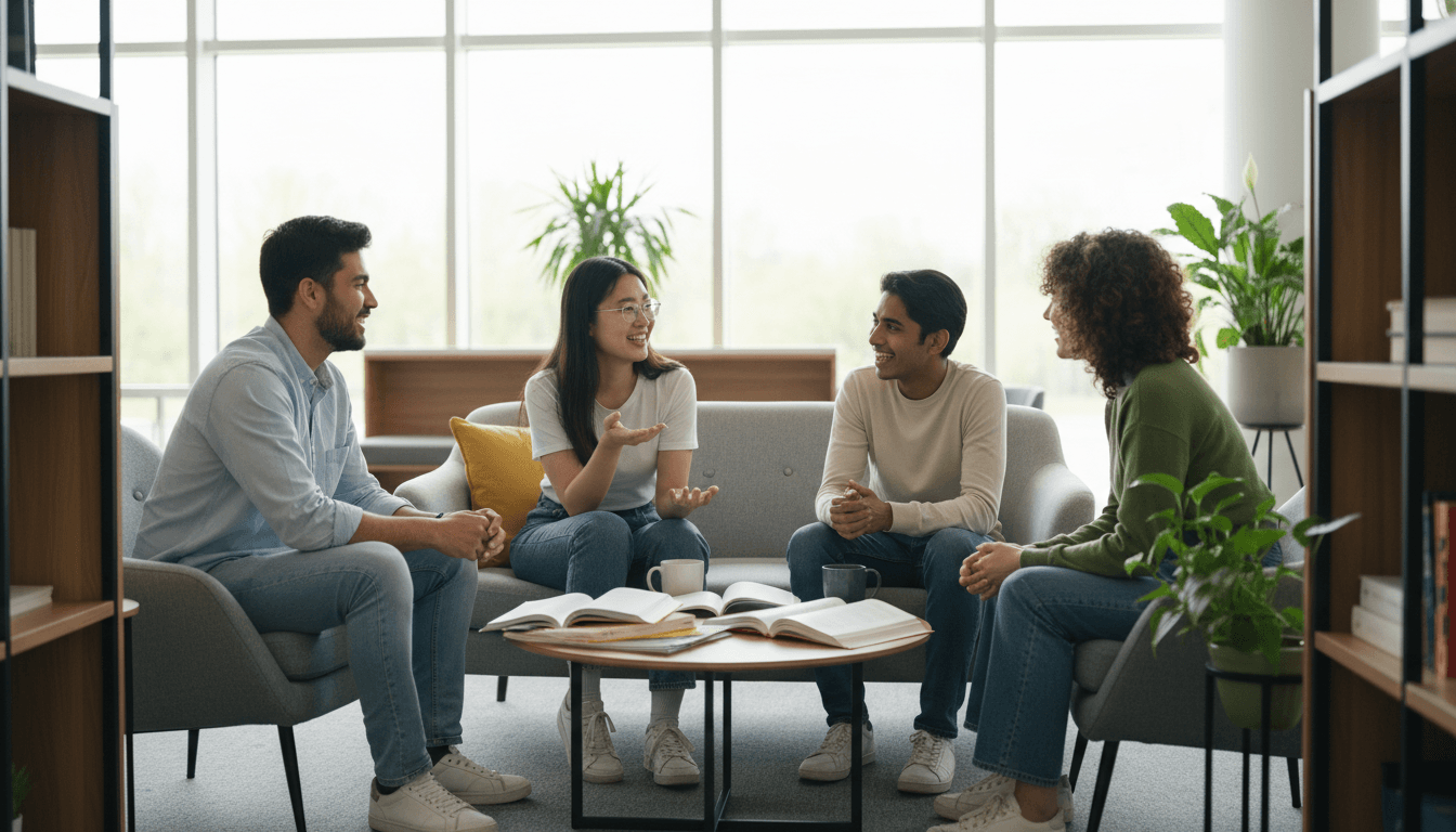 Teens and staff in a group discussion circle in the living room