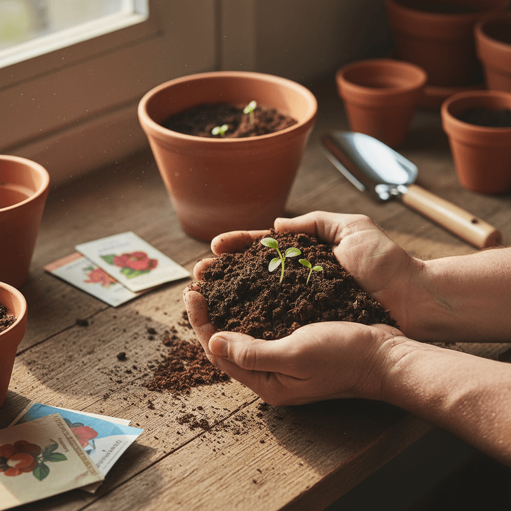 A staff member and teen planting a seedling together
