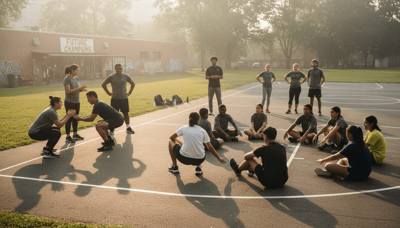 Diverse group of young athletes training together with mentors providing guidance in community sports facility
