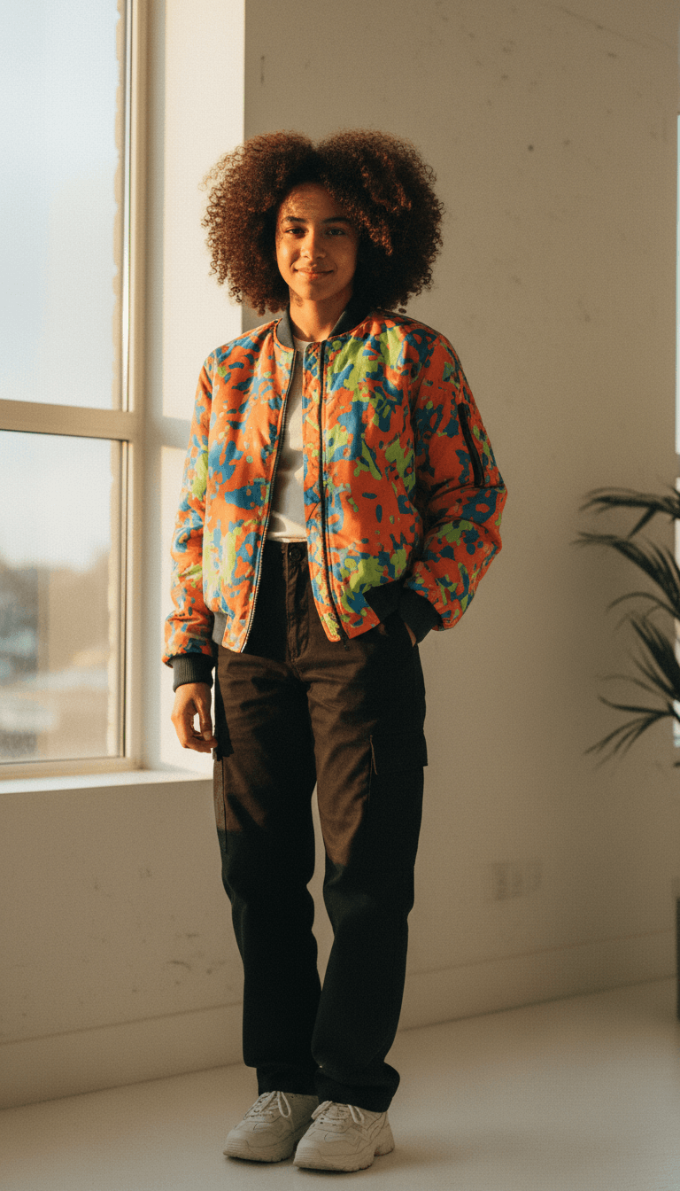 Confident teenager in well-fitted vibrant apparel standing by window with natural light, genuine smile