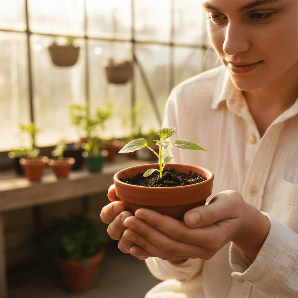 Hands planting a small seedling in soil