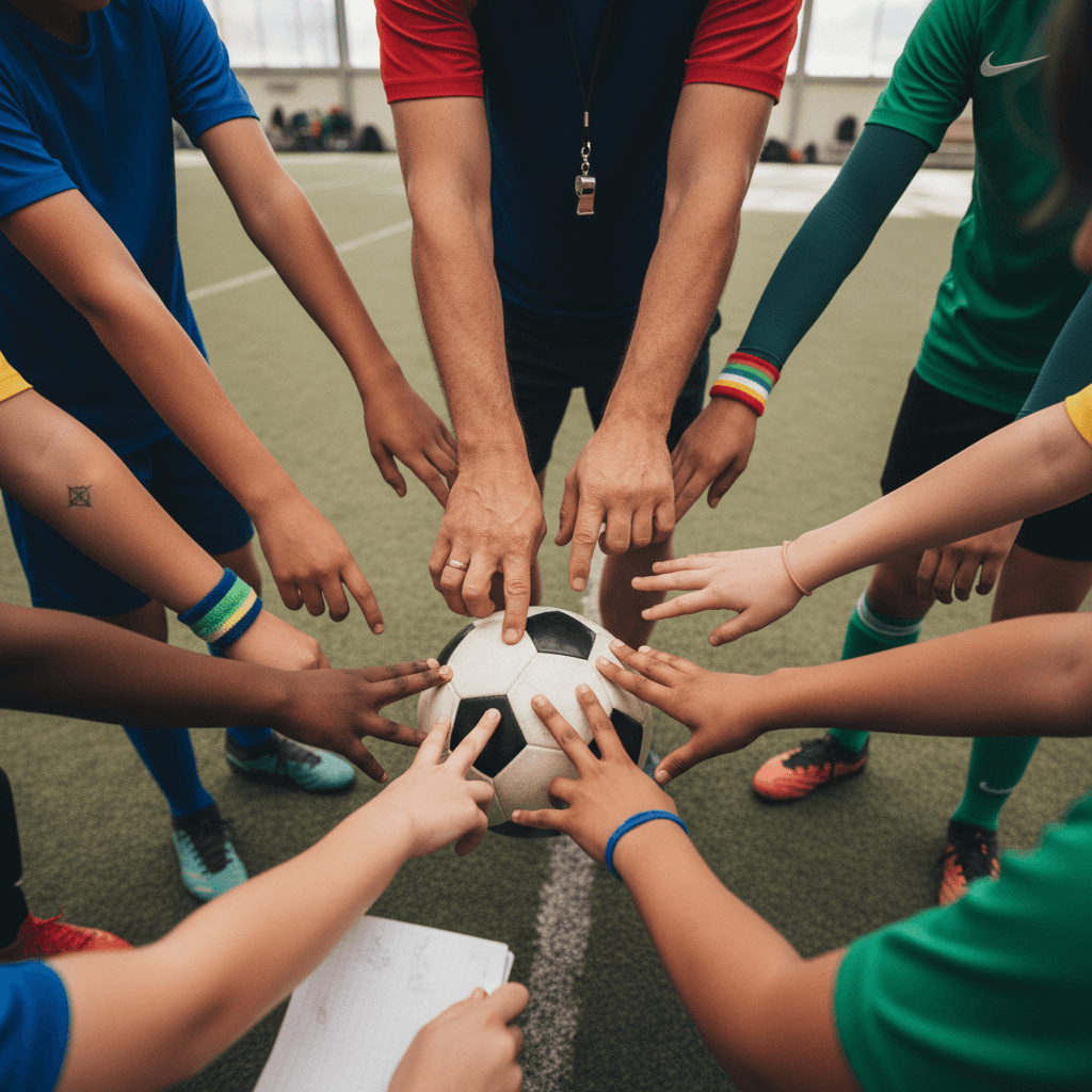 Diverse youth soccer players and coach gathered overhead around soccer ball discussing tactics and strategy during training session